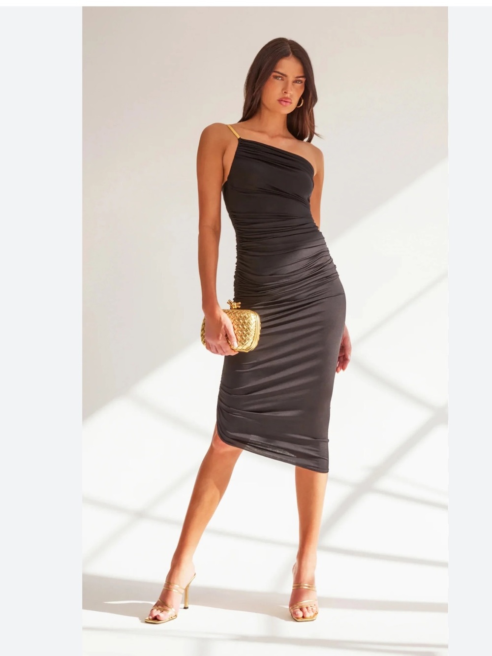 Generation Love Chantel One-Shoulder Ruched Midi Dress in Black